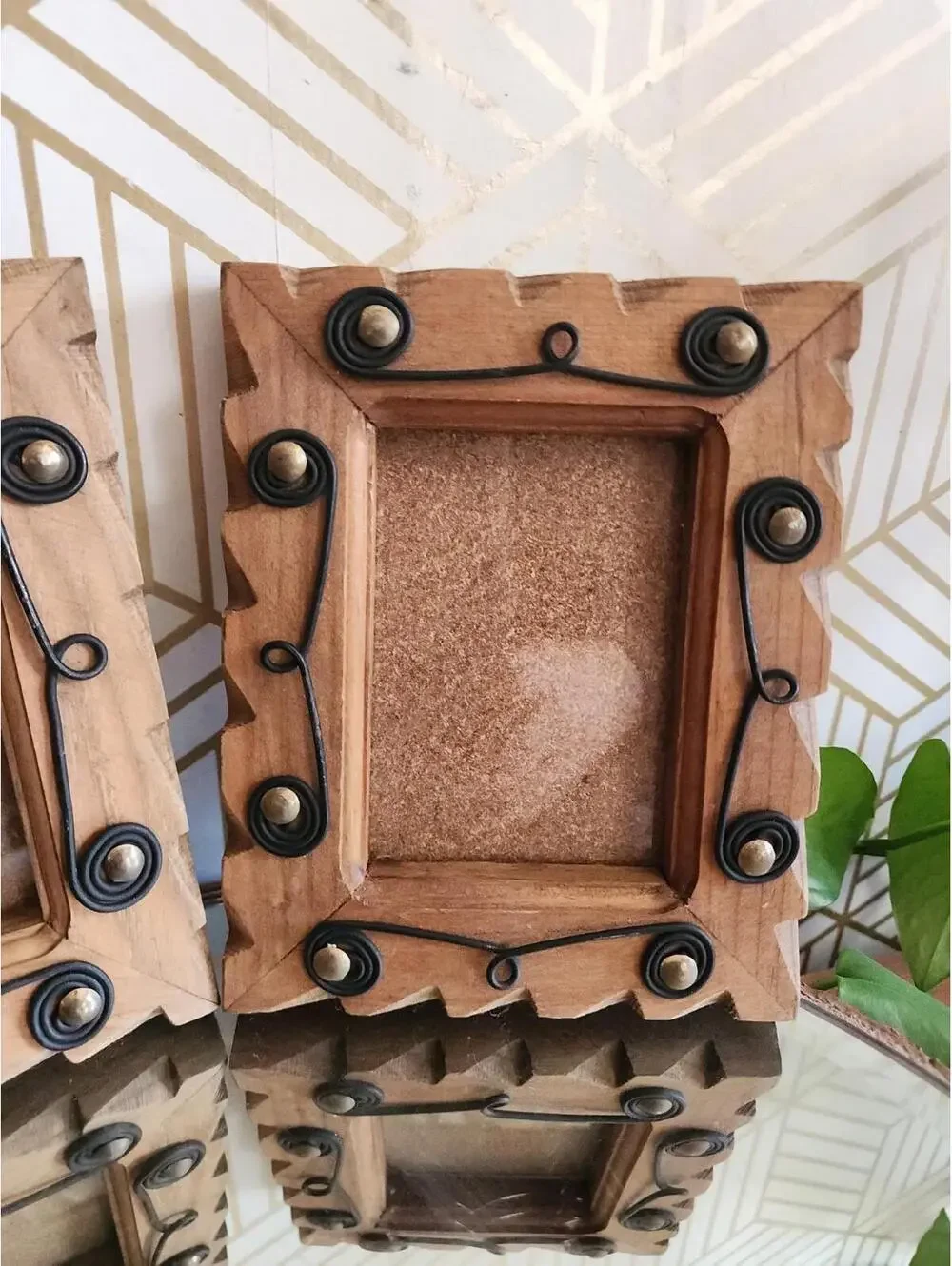 Vintage Handmade Wooden Rustic Photo Frames With Wire Scrolling - Pair 5